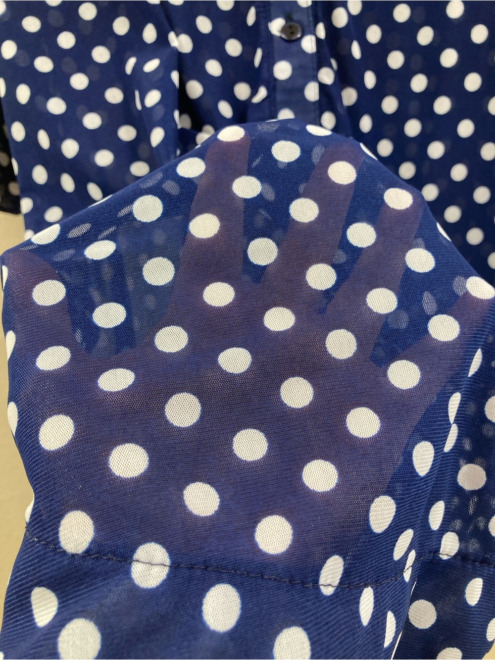Eden & Olivia Sheer Polka Dot Blouse Size XL Blue White Roll Tab Top - Picture 12 of 15